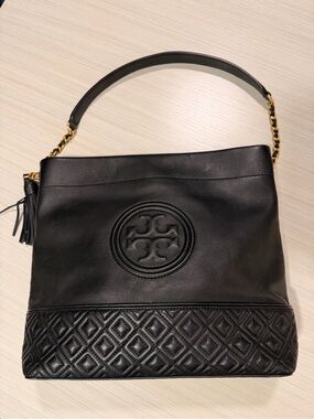 Tory Burch Black Quilted Trim Leather Shoulder Bag with Tassel